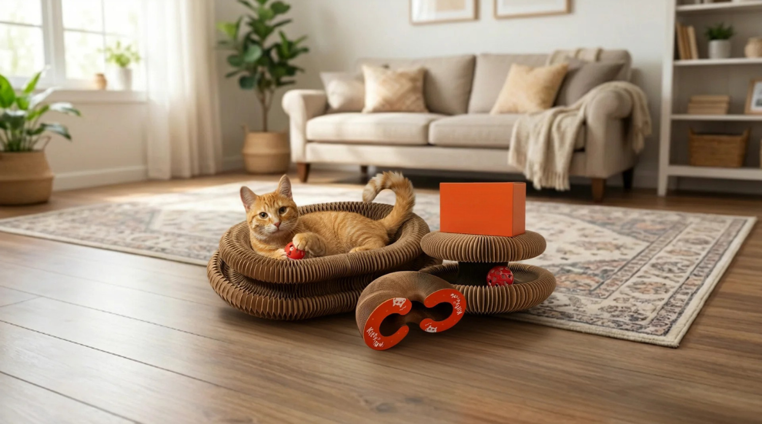 Gato jugando con el Kitty Loop en el living